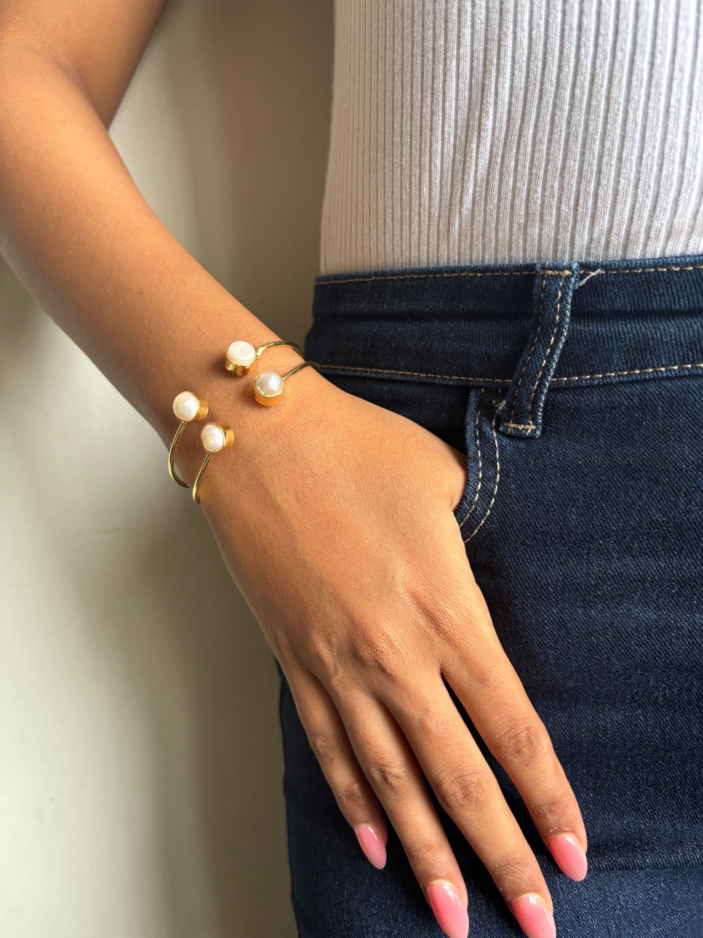 Double-line Pearl Cuff Brass