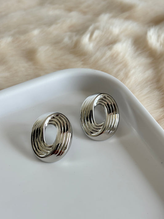 Oval Stripe Silver Earrings