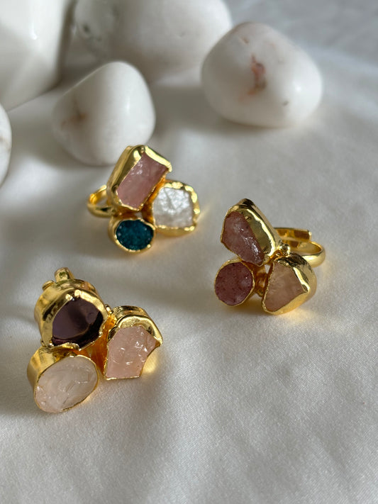 Trio Colored Handcrafted Natural Stone Ring - Brass