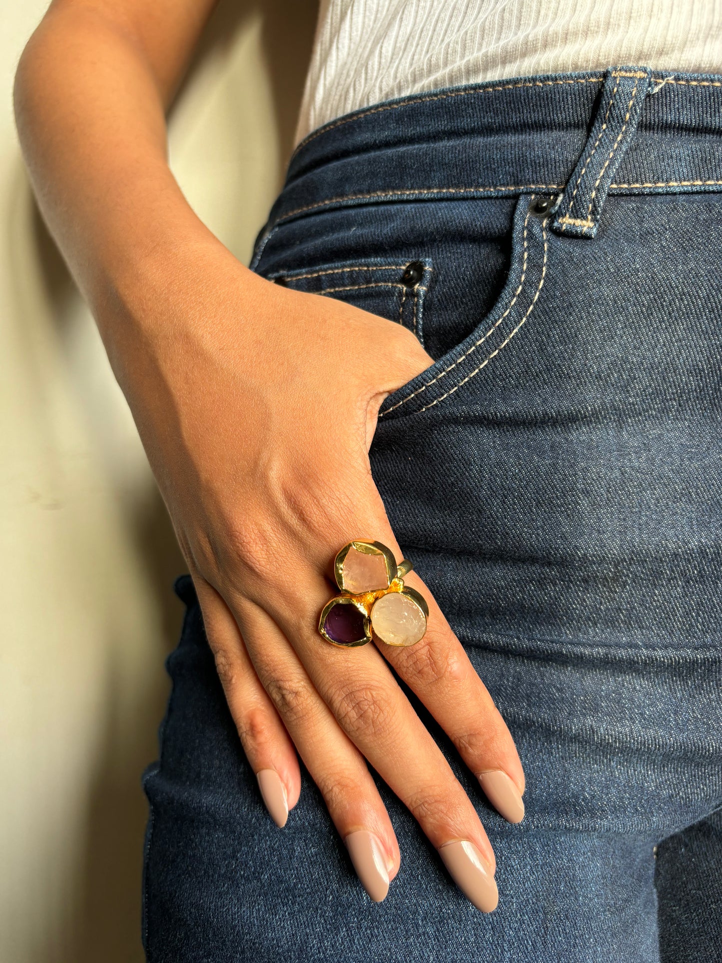 Trio Colored Handcrafted Natural Stone Ring - Brass