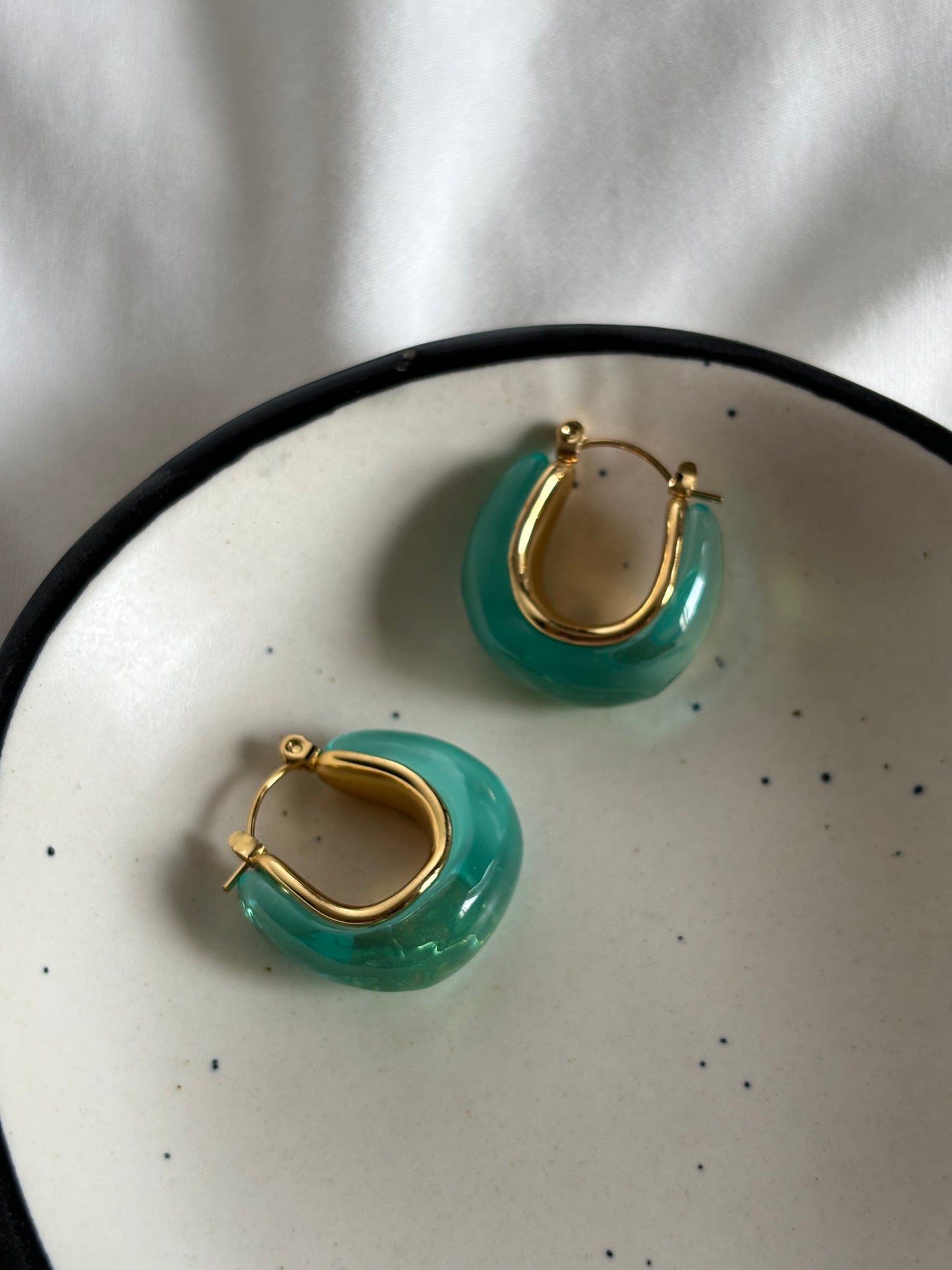 Turquoise Glass Huggies - Brass