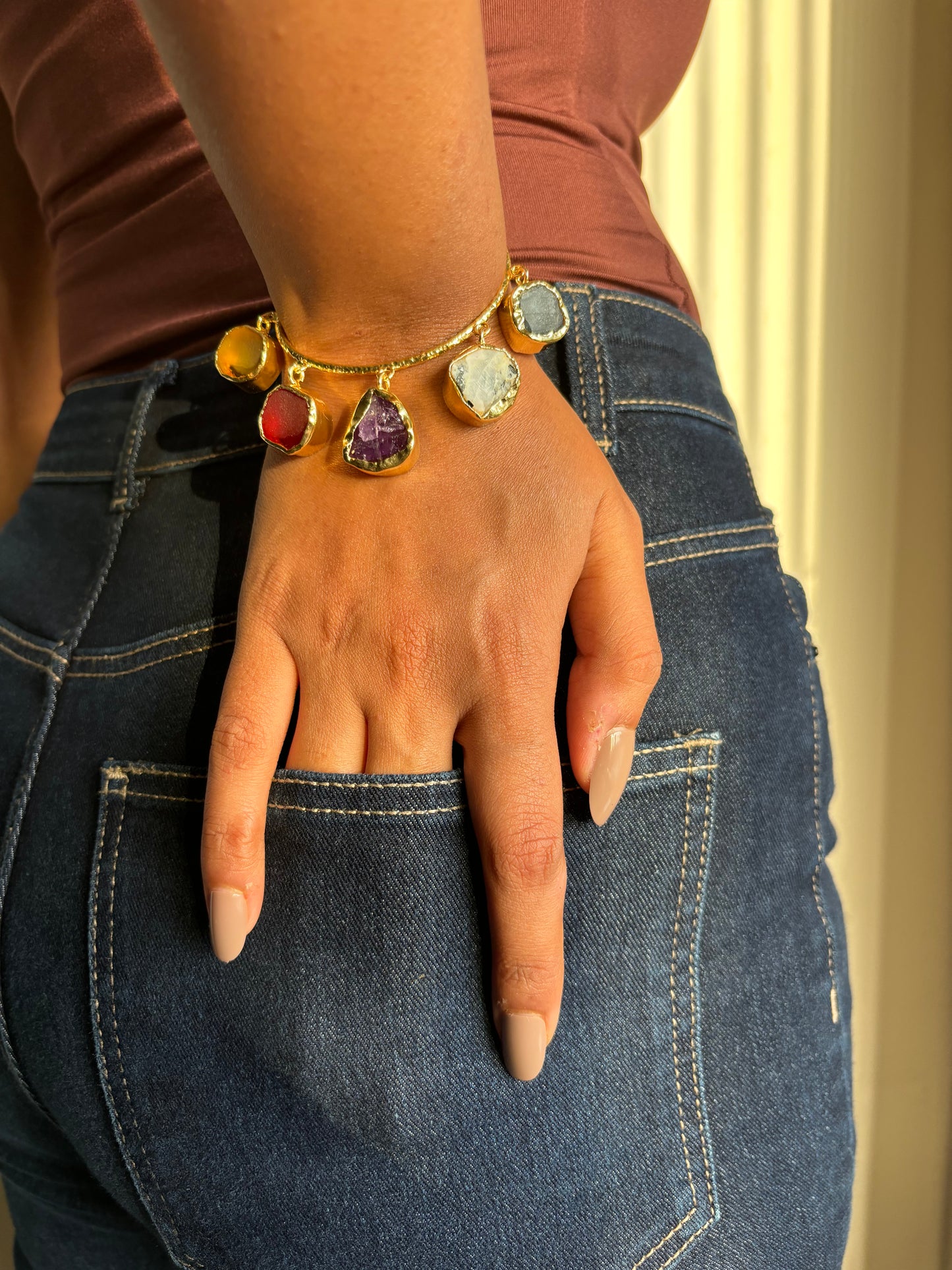 Multi-color Charm Adjustable Cuff - Brass