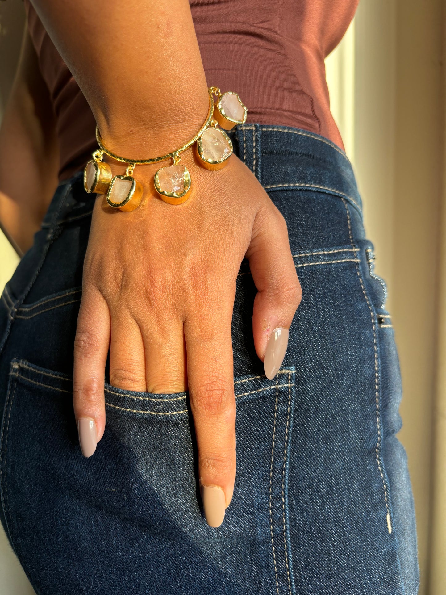 Rose Quartz Charm Adjustable Cuff - Brass