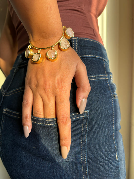 Rose Quartz Charm Adjustable Cuff - Brass