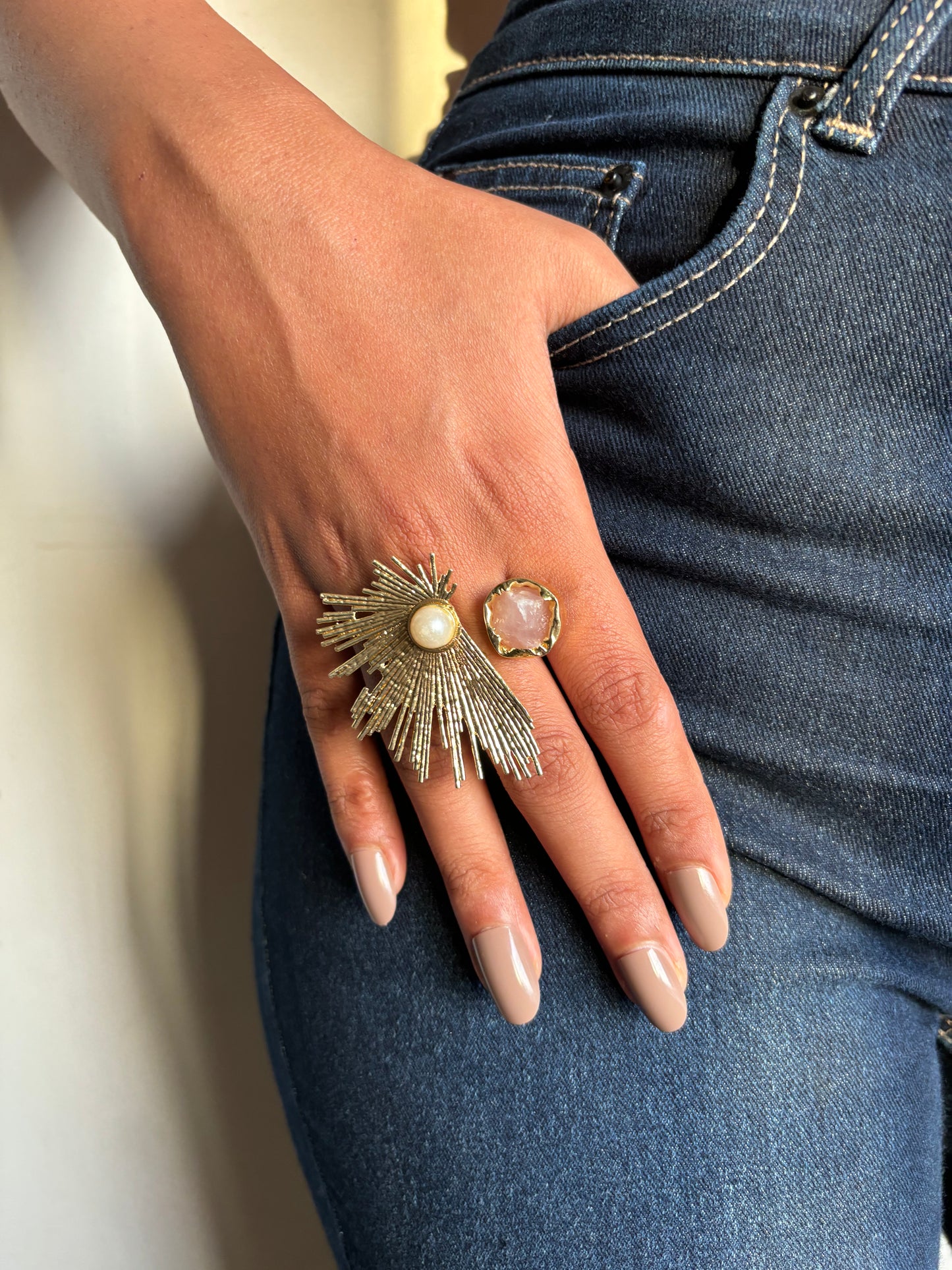 Wing Rose Quartz Adjustable Ring Brass