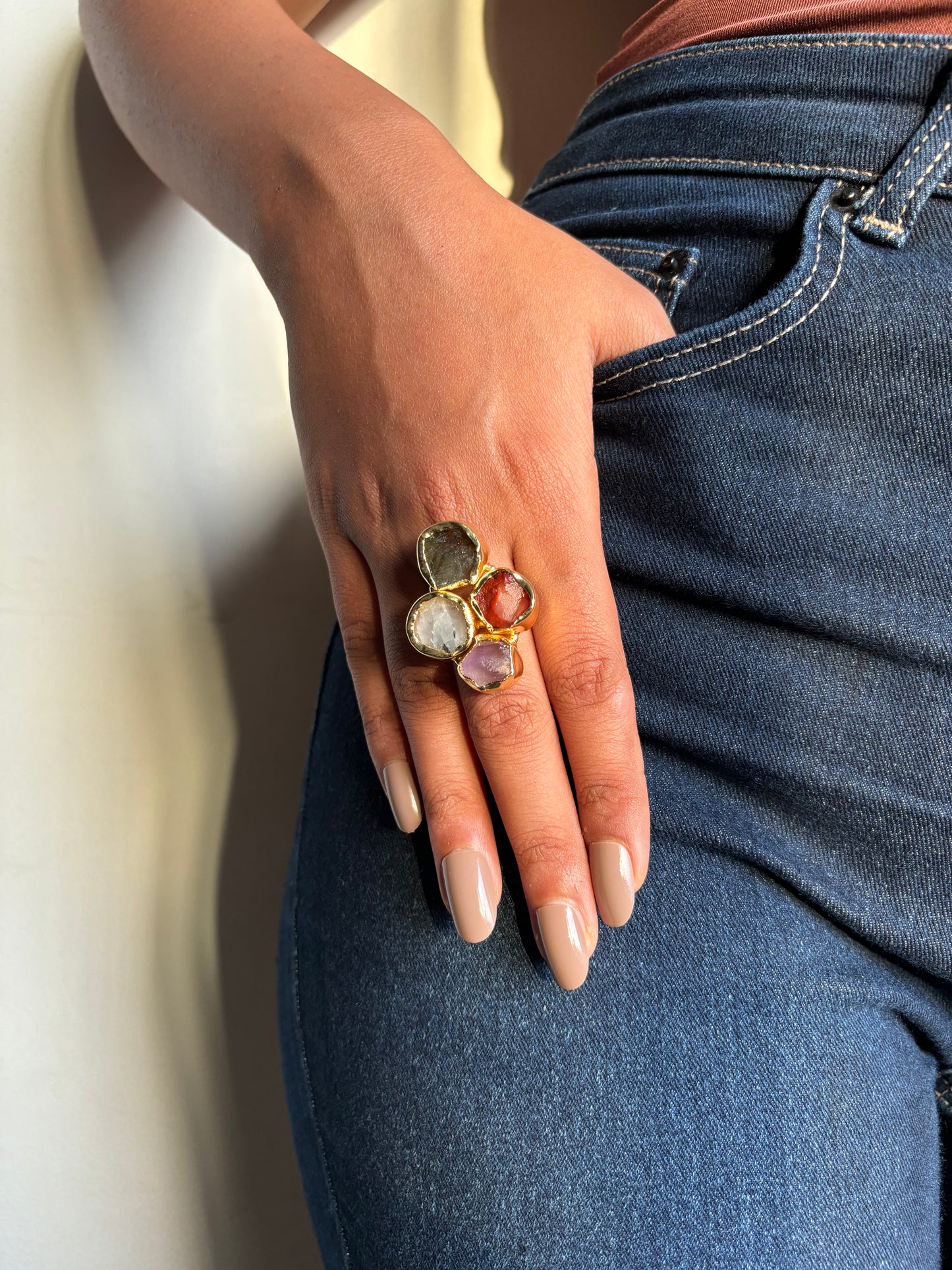 Four Color Natural stone Adjustable Ring Brass