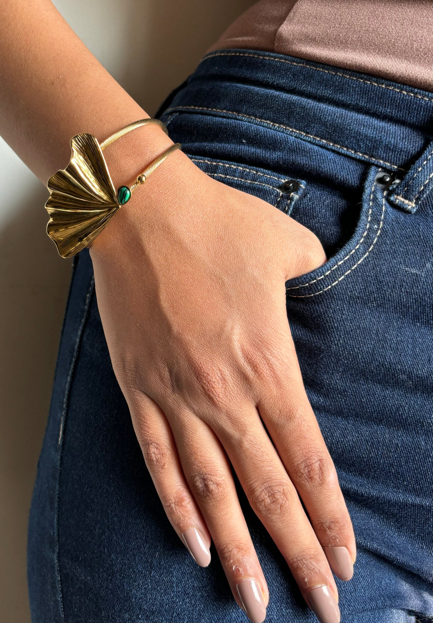 Green Stone Feather Cuff - Stainless Steel