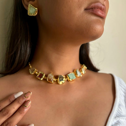 Multi-color Natural Stone Choker Set -Brass